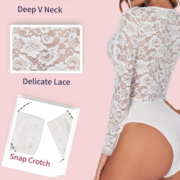 Deep V Long Sleeve Lace Bodysuit - Picture 2 of 3